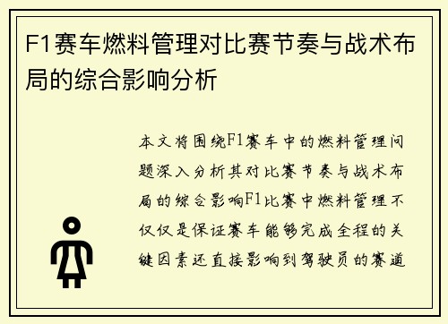 F1赛车燃料管理对比赛节奏与战术布局的综合影响分析