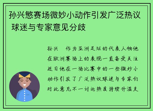 孙兴慜赛场微妙小动作引发广泛热议 球迷与专家意见分歧
